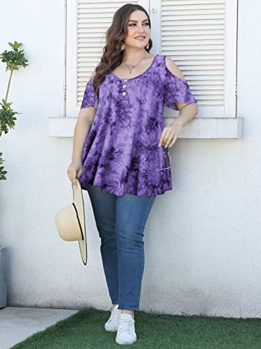 Larace Tie Dye Shirt Womens Summer Tops Plus Size Cold Shoulder Tunic Casual V Neck Button Up Blouses(B-Purple 3X) #TOP5