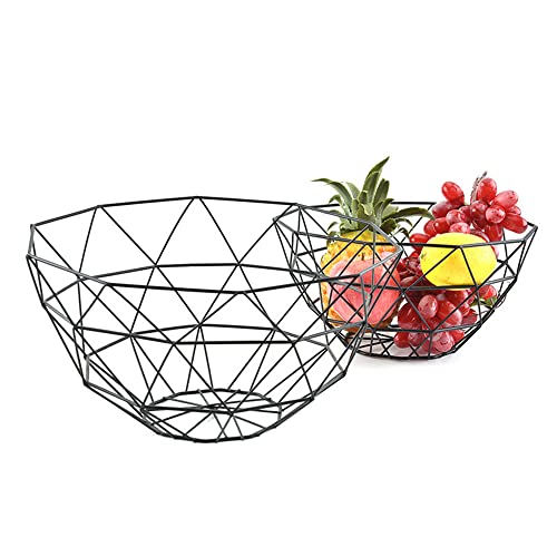 Fantasee 2 Pack Metal Wire Fruit Basket, Countertop Fruit Bowl, Stainless Steel Geometric Wave Shape Fruit Snack Holder For Home Kitchen (2Pack - Geometric Black Large) #TOP9