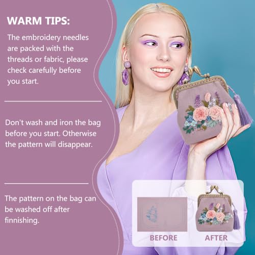 Image of ORIGACH DIY Flower Embroidery Coin Purse Kits Kiss Clasp Lock Bag Embroidery Kit Sewing Handbags Change Purse Set for Beginner with All Supplies