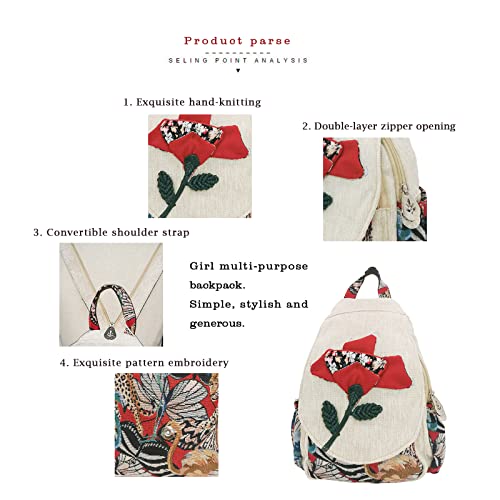 Image of Small Canvas Backpack, Retro Boho Washed Hippie for Women Daily Commute (Safflower Decorations)