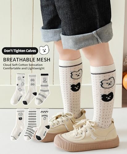 Boys Keen High Socks Ribbed Cuffs Crew Socks Over The Calf Stripes Cartoon Black White Cute Girls Socks 3 Pairs2