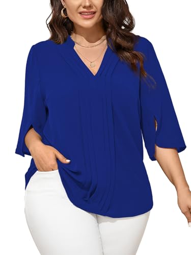 SCOMCHIC Women's Plus Size Blouses 3/4 Sleeve Dressy Tunic Tops Casual Loose V Neck Pleated Shirts