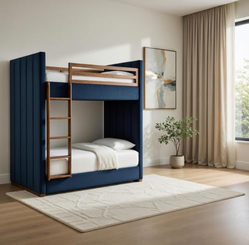 Image of STRATA FURNITURE Solid Wood Velvet Upholstered Bunk Bed with Ladder | Wooden Twin Over Double Bed for Bedroom Living Room and Home (Blue)