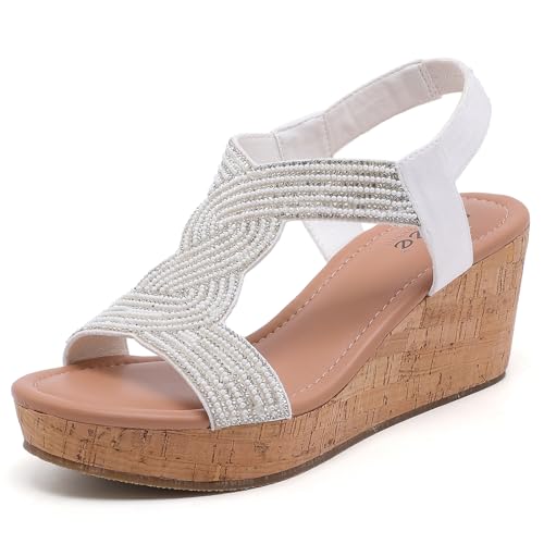 Ruiee Wide Width Wedge Sandals for Women, Ankle Strap Sparkly Rhinestone Open Toe Summer Dressy Shoes Platform Wedding Prom Women Sandals.258012 White Size11.5