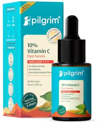Pilgrim 10% Vitamin C Serum 30ml for Glowing Skin|With 5% Niacinamide, Hyaluronic & Glycolic Acid|Fades Dark Spots, Pigmentation|For All, Oily, Combination, Normal Skin |Beginner Friendly - Men, Women