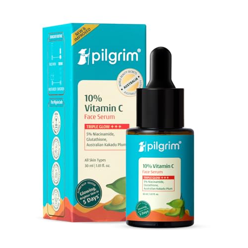 Pilgrim Siero al 10% alla vitamina C, 30 ml, per pelli luminose, con 5% di niacinamide, acido ialuronico e glicolico, sfuma macchie scure, pigmentazione, per tutte le pelli grasse, miste, normali