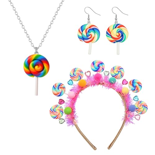 BrKern Lollipop Kostüm, Candy Girl Kostüm Damen, Bonbon Kostüms, Süßigkeiten Set Mit Haarreif, Ohrringen Und Halskette, Ideal Für Fasching, Karneval Und Halloween