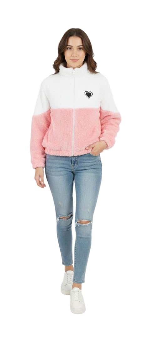Women's Color Block Fleece Jacket, White and Pink, Zip-Up Style with Heart Logo-picture-35