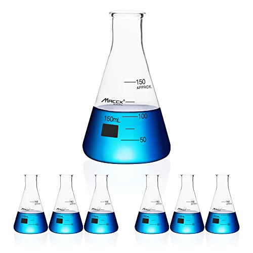 Maccx 5.1oz(150ml) Narrow-Mouth Sturdy Glass Erlenmeyer Flask, 3.3 Borosilicate Conical Flasks with Printed Graduation, Pack of 6, EFN150-006