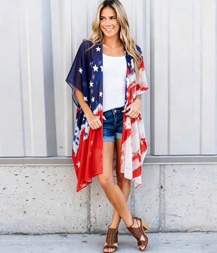 Image of Women's American Flag Kimono Cardigan 4th of July Cover Up Lightweight Patriotic Kimono Cover Up