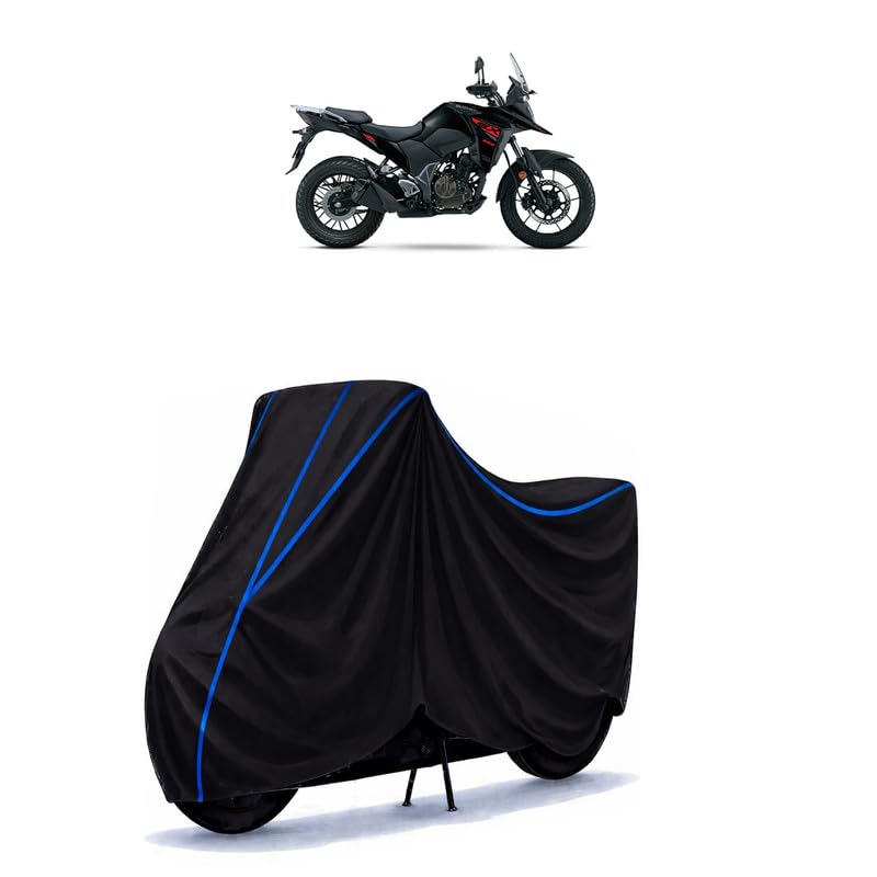 Image of Suzuki V-Strom SX Bike Cover Water Resistant Universal Motorcycle Rain | Heavy Duty UV Protection, Dust, Scratch Indoor Outdoor All Weather with Black Blue Piping Elastic