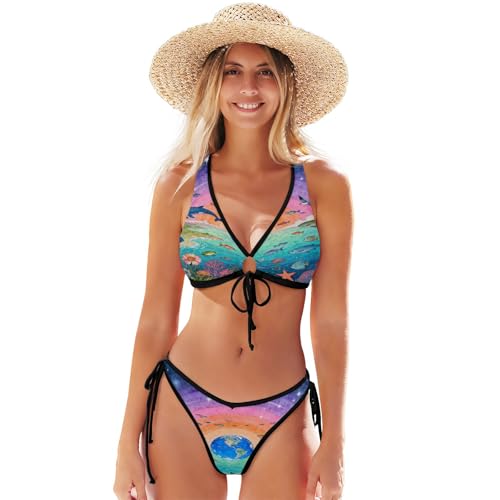 Bikini triangle avec haut réglable à cravate et bas coquin vert hippocampe