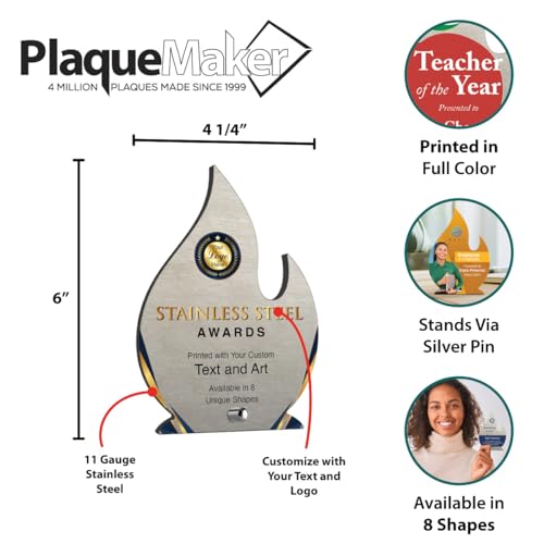 6" Custom Stainless Steel Awards with UV Color Printing -Offered in a Variety of Shapes and Styles Includes Unlimited Text and your Color Logo (Flame)