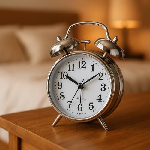 Retro Twin Bell Alarm Clock – Classic Metal Frame Table Clock with Night Backlight, Silent Sweep Movement, Loud Alarm for Heavy Sleepers, Ideal for Bedroom, Office, Living Room & Home Décor (Silver)
