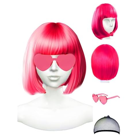 PLANTURECO Wig and Party Sunglasses, Hot Pink Wigs for Women, Dark Pink Wig and Neon Pink Wig with Bangs, Bright Pink Wig - Bachelorette Party Wigs Decorations Favors Cover