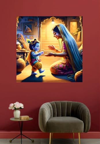 Image of Techgifti Baby Krishna And yashoda Maa Hand Wall Poster for Pooja Room, Office, Kids Room (Size- 46CM X 46CM)
