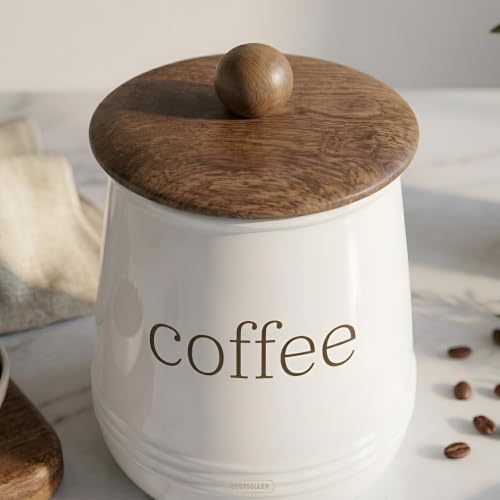 Image of Stylish Airtight Container for Kitchen, Coffee Storage, White, Metal with Wooden Lid & Spoon, 1000ml, Canister for Kitchen Counter top | Food-Safe Jar Set (Coffee)