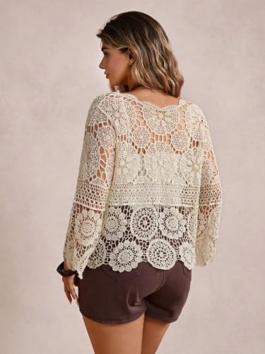 Image of SHENHE Women's Plus Size Hollow Out Cardigan Lightweight Sheer Tie Front Boho Kimono
