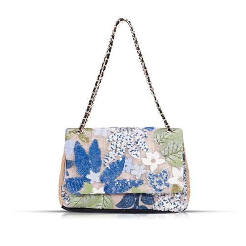 Image of Handmade Sequin Embroidery Straw Tote - Bohemian Shoulder Bag, Large Capacity, Perfect for Vacation, Travel, Daily Use & Banquets (Blue Flower)