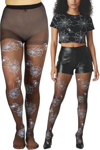 Image of ToBeInStyle Women's Spiderweb & Crawling Spider Print Hosiery Tights & Thigh High Stockings