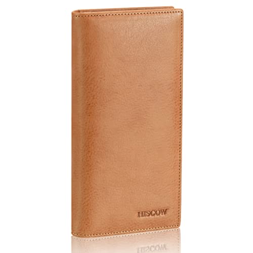 Image of HISCOW Full Grain Leather Men's Long Wallet, 15 Card Slots, Aniline Leather Tan, One Size, Classic | Gusseted bill compartment, tall bifold design, clear ID window, ideal for coat pockets or briefcases, turned-edge, gift box