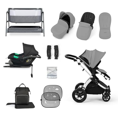 Ickle Bubba Stomp Luxe All-in-One I-Size Travel System with Isofix Base (Cirrus) and Bubba&Me Crib (Silver/Pearl Grey/Black)