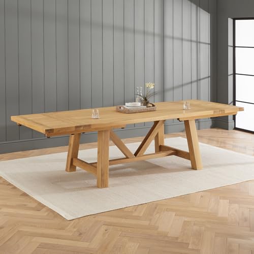 Image of Marbury Classic Oak 2m to 2.9m Extending Trestle Dining Table | Solid Oak Frame | Natural Whitewashed Finish | Seats Up to 10 | Traditional Farmhouse Style | H 750 x W 1000 x L 2000 - 2900mm