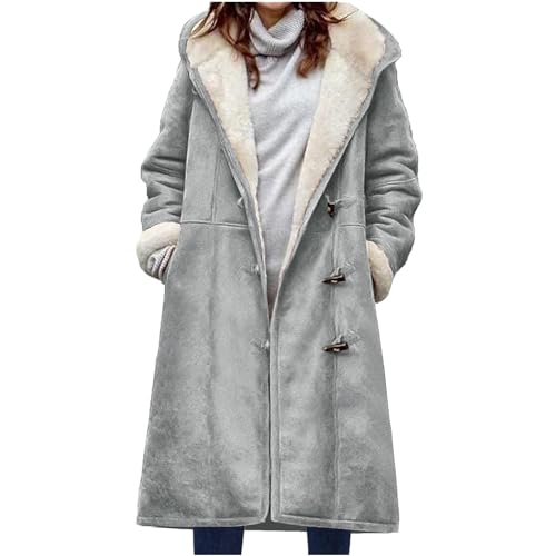 Womens Sherpa Lined Jacket Winter Fuzzy Faux Suede Hooded Coats Comfort Horn Button Down Jackets with Pockets