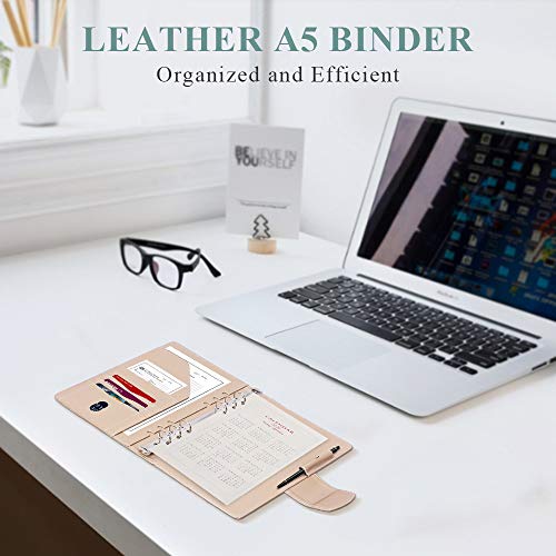 A5 Binder, Skycase Leather A5 Binder, 6 Ring Binder Planner Notebooks Portfolio With Document Sleeve/Card Holder/Pencil Holder For A5 Filler Paper (No Paper),Gold #TOP4