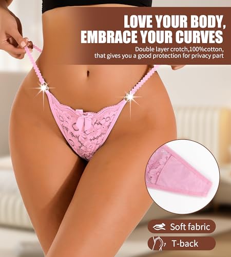 YIFVTFCK Pacote com 4 tangas femininas tangas em T com renda vazada cintura baixa floral respirável