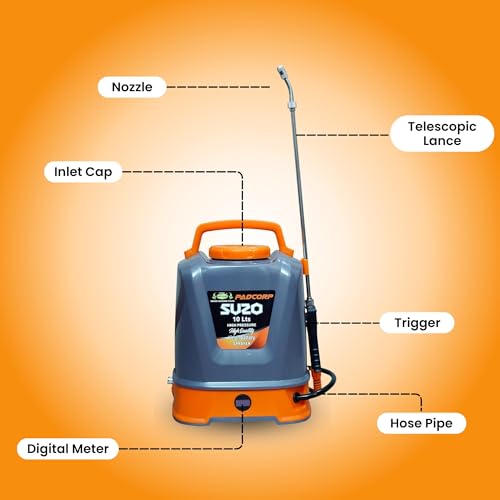 Image of Pad Corp Lithium Suzo 10 Liter Battery Sprayer Tank Capacity, Very Light Weight, Rechargeable Lithium Battery Suitable Small Office or Home or Bungalow Or Garden (Grey & Orange)