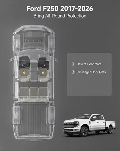 Image of 3W Floor Mats Fit for Ford F250 F350 F450 F550 2017-2025 2026 Super Duty Crew Cab with Under Seat Storage, All Weather TPE Custom Fit F 250 Floor Liner(Not for Vinyl Floor), Front Row,2-pc Black