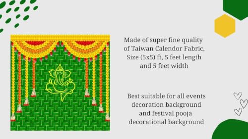 Image of Ganesha Backdrop Decoration Cloth | Green Coconut Leaf Background Cloth with Yellow Ganesha Line Art and Top Flower Garlands | laxmi Backdrop for Pooja 5x5 feet