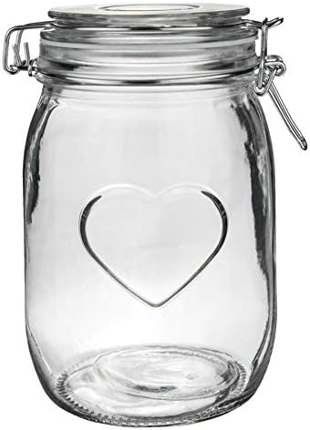 Nicola Spring Heart Glass Storage Jars with Airtight Clip Lid - 1 Litre Set - Clear Seal - Pack of 3