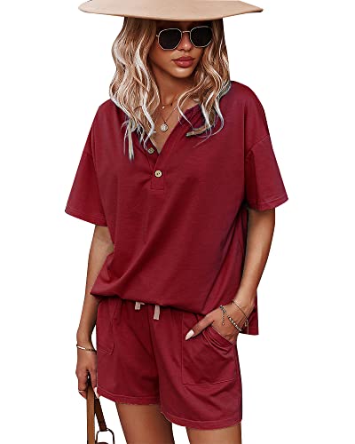 CORSKI Women's Short Sleeve Sweatsuit Sets Lounge 2 Piece V Neck Tracksuit Casual Loose Fit Outfits, Wine, X-Large
