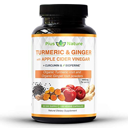 120 Capsules of USDA Organic Turmeric Root Powder, USDA Organic Ginger Powder and Apple Cider Vinegar Powder with Curcumin (95% Curcuminoids) and Bioperine, 1410 mg per Serving in Veggie Capsules