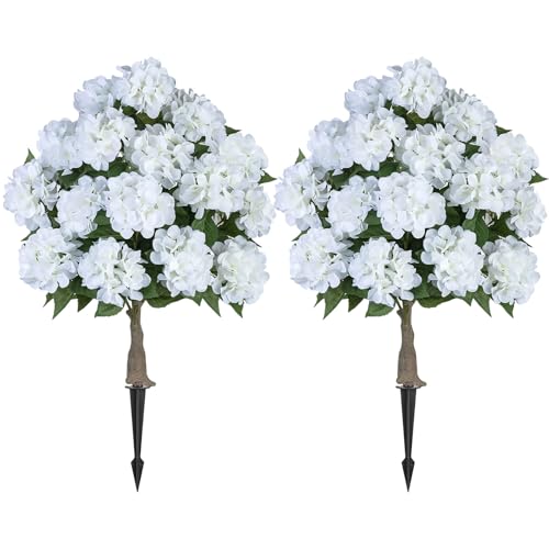 BLOSMON Fake Hydrangea Trees for Outdoors - 2 Packs 33 White Artificial Flower Topiary Ball Trees for Front Porch Decor - 20 Heads Faux Silk Hydrangea Bush Plants with Spike for Garden Yard Patio