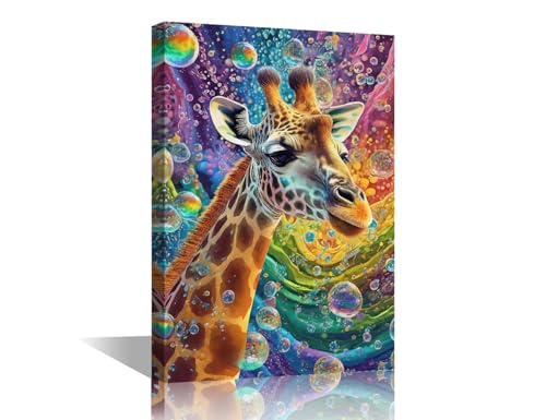 Image of TISHIRON 1 Piece Giraffe Canvas Wall Art Painting Fantasy Animal Wall Decor for Living Room Bubble Framed Modern Artwork for Home Bedroom Decorations, 18x12in