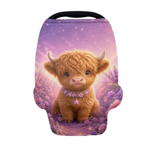 Image of Wanyint Infant Car Seat Cover Stretchy Nursing Scarf Car Seat Canopy Shopping Cart High Chair Cover Protect Babies Breastfeeding Mothers, Highland Cow Floral Purple