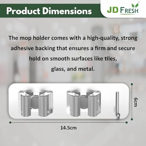 Image of JD FRESH 2 Slot & 1 Hook Stainless Steel Mop & Broom Holder Wall Mount /No Drill Sticky Anti Slip Waterproof Self Adhesive Broom Hanger Stand Organizer for Kitchen, Garden, Office, Garage (Silver)