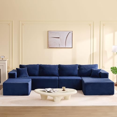 Afuson 138' Boneless Couch with Deep Seat, Modular Sectional Sofa, Cloud Sectional Couch for Living Room, No Assembly Required, Corduroy, U-Shape 4 Seater Right, Blue