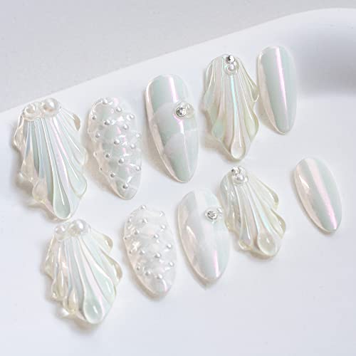 Sun&Beam Nails Handmade Press-on Medium Long Amlond White Sweet Pearl Rhinestone Design Fashion False Nail Tips 10 Pcs Set (#030 XS)