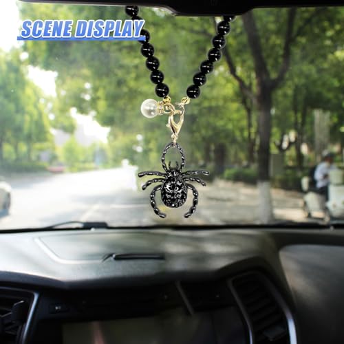 KPFILEH Spider Car Hanging Ornament, Gothic Pearl Chain Auto Rear View Mirror Charm, Funny Vehicle Interior Pendant Decoration Accessory Present for Women Men(Black)