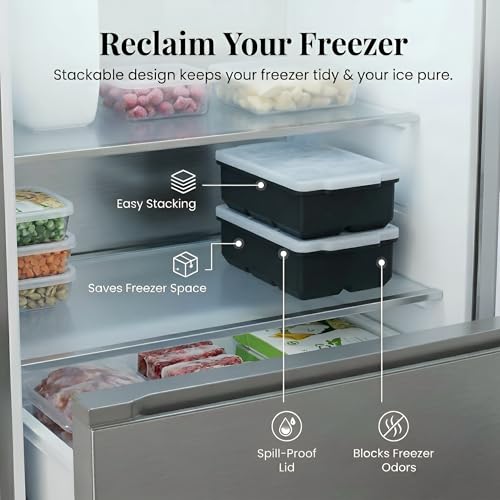 Image of KitchFort Large Silicone Ice Cube Tray (2-Pack), Easy Release 2 inch Big Ice Cubes - Cocktail, Whiskey Ice Cubes Mold - Ice Trays for Freezer with Lid - Stackable Silicone Ice Tray - Black