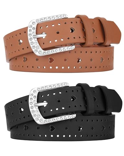AWAYTR 2 Pcs Girls Leather Belt, With Rhinestone Buckle Kids Western Belt With Heart Cutouts for Dress Jeans, Black+Brown, Fit Waist 22''-26''