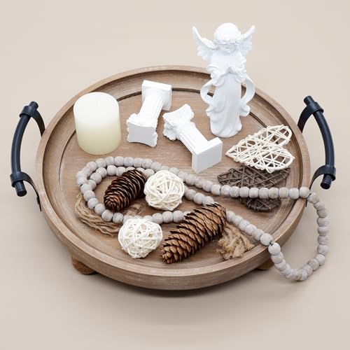 TOOLTENG Wooden Decorative Tray for Coffee Table, Wood Serving Tray with Metal Handles, Trays for Decor, Rustic Wood Trays for Tale Centerpiece, Home Kitchen Farmhouse (Round)