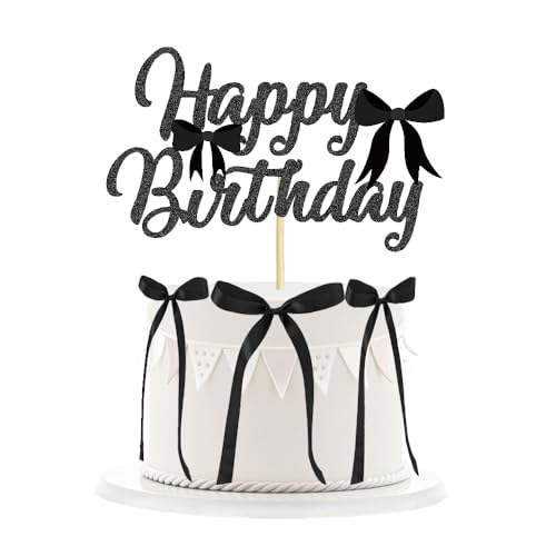 11 Pcs Black Bow Cake Toppers, Happy Birthday Sign, 10Pcs Ribbion Bow Cupcake Toppers for Black Bow Birthday Decorations, Baby Shower, Bridal Shower, Graduation Party