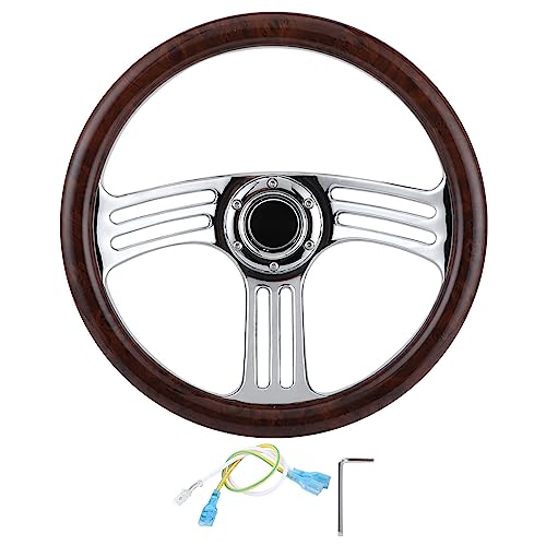 Steering Wheel, 350mm/14in Dark Wood Grip 6-Bolts Chrome 3-Spoke Steering Wheel Vintage
