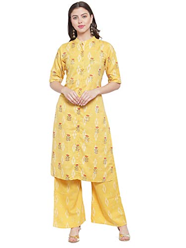 Aujjessa Women's Rayon Prined Kurta with Palazzo Set (Yellow)