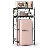 Hodonas Mini Fridge Stand with Adjustable Shelf, 2 Tier Storage Rack Organizer for Refrigerator & Microwave, Storage Shelves and Space Saver for Dorm Room, Office, Kitchen, Apartment, Garage, Black